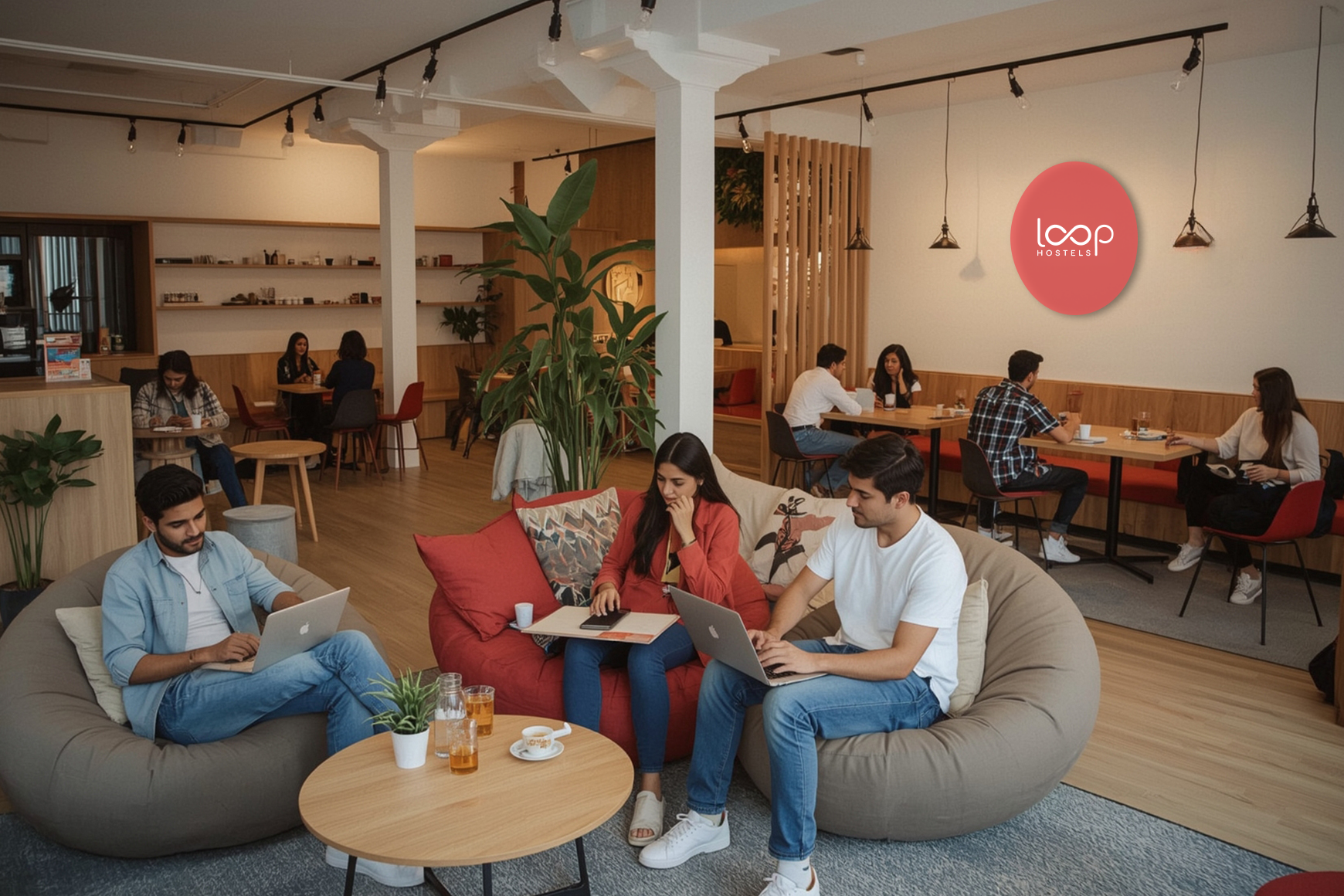 Modern hostel common area